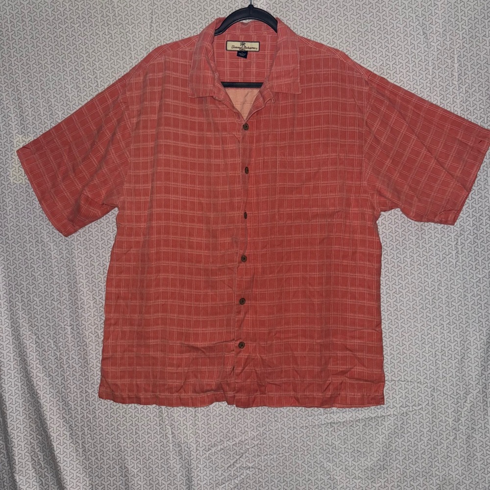 Tommy Bahama Mens‎ Silk Plaid Short Sleeve Button Up Shirt Coral Size L